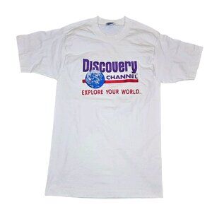 90s Discovery‎ Channel Embroidered T-shirt Shirt Movie Promo White Small TALL